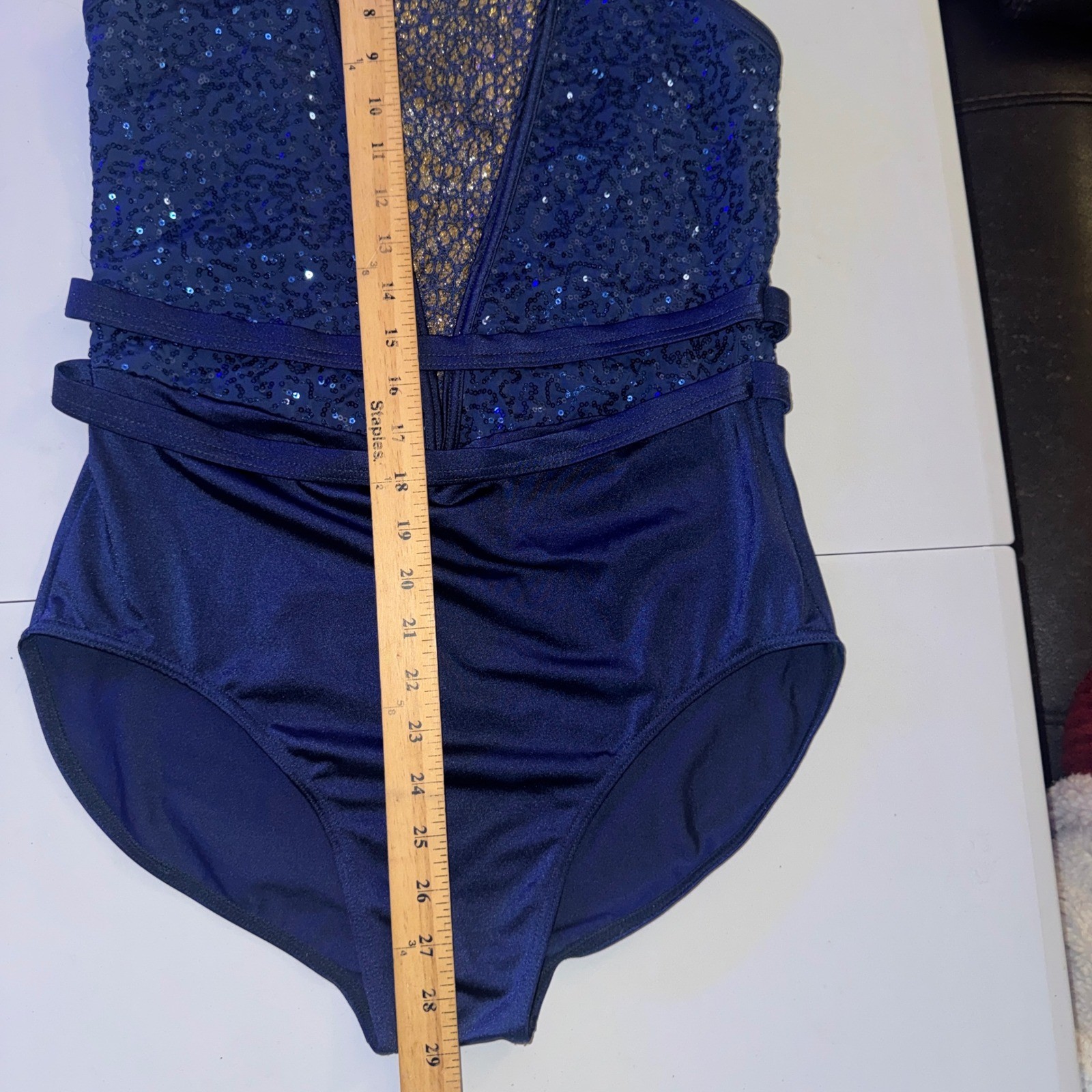 Weissman Dance Leotard Adult Large Navy Blue Sequin Gold Lace Halter 10965