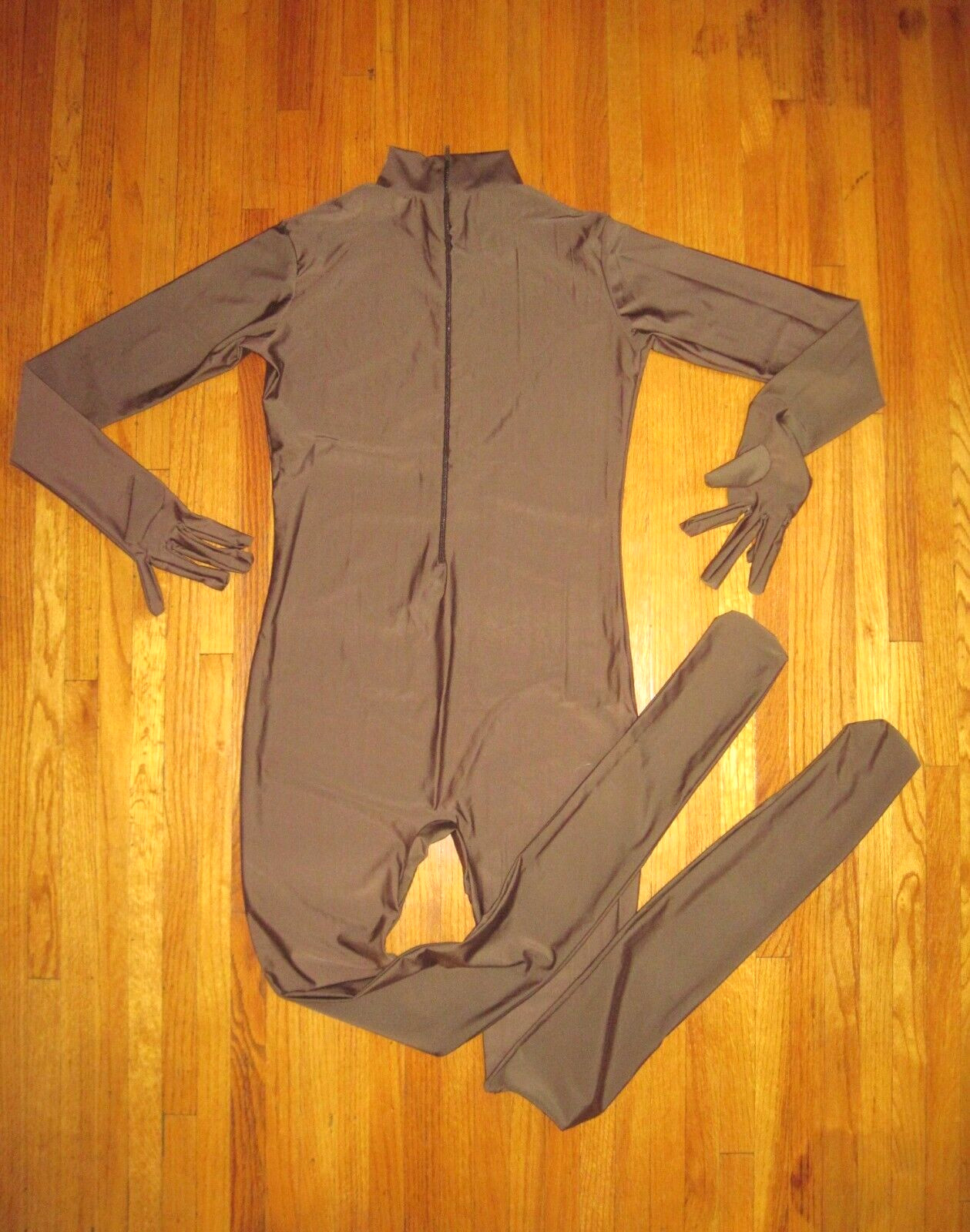 Plus Size Shiny Brown Long Sleeve T Neck Footed Unitard W/Hands Sz 2XL-16-18 New
