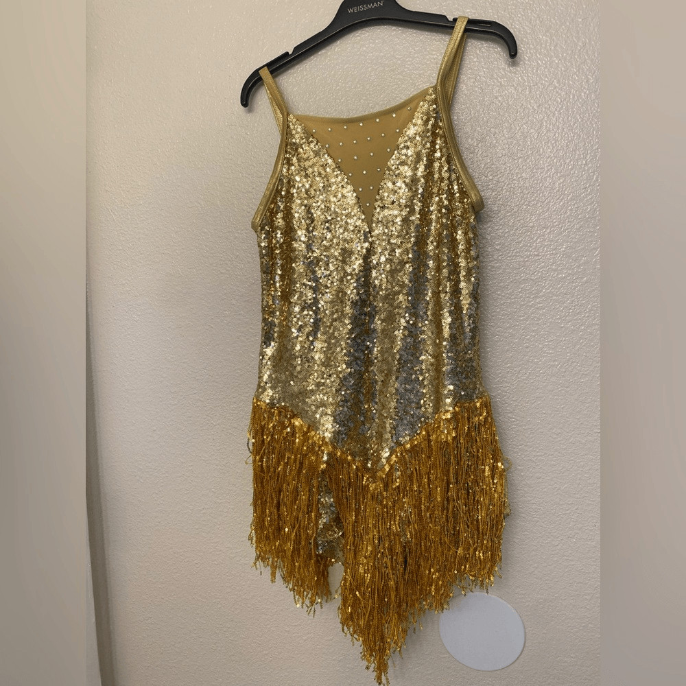 Weissman Dance Costume gold fringe rhineston flapper Little Swing 10147 LA adult