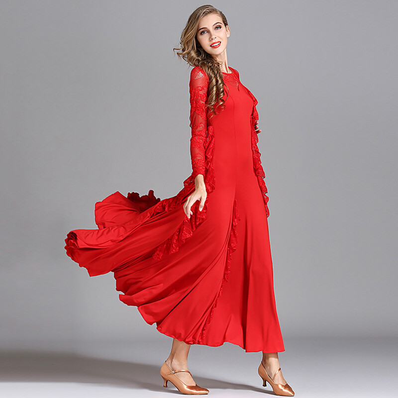 Women Long Sleeve Swing Dance Dress Modern Waltz Professional Ballroom Dancewear