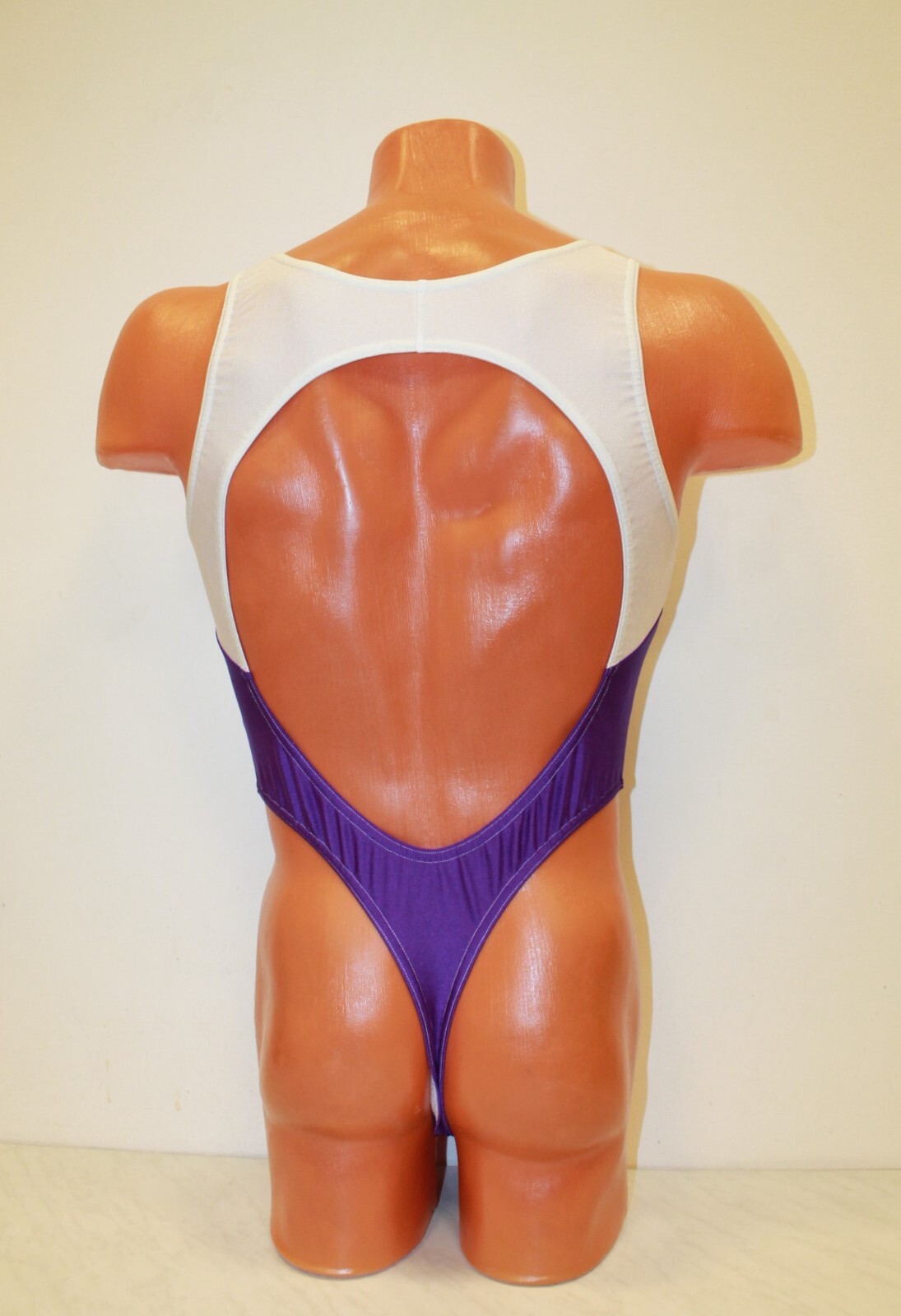 Men Thong Leotard 151-53 Hole Crotch White and Purple Spandex Size L