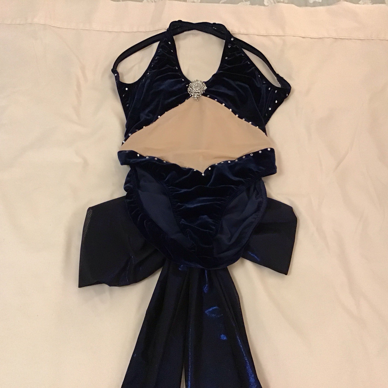 Womens Blue Velvet Shiny Tan Mesh Dance Leotard w/ Back Bow, Gloves, Adult M-L