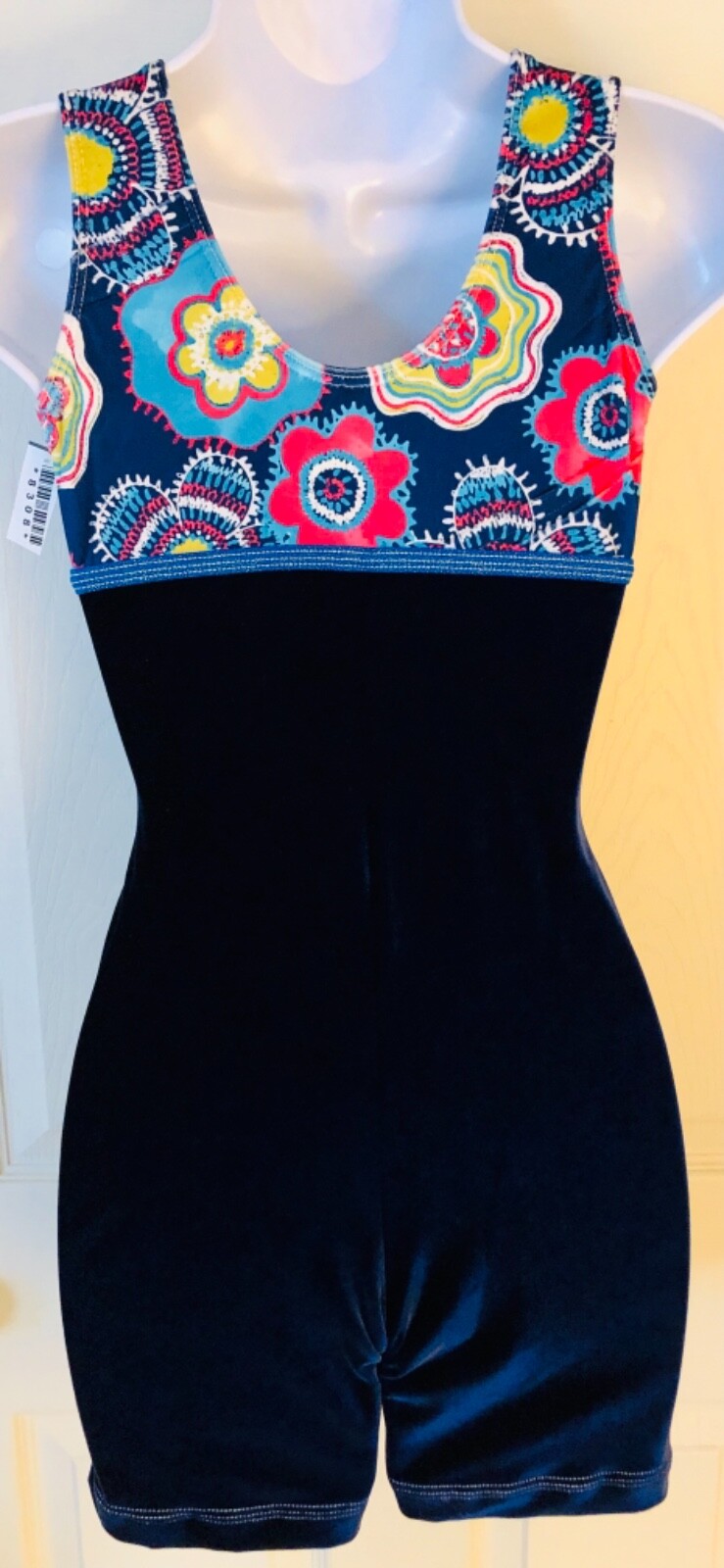 GK SLVLS BIKETARD ADULT SMALL NAVY VELVET FLORAL PRINT DANCE WORKOUT Sz AS NWT!