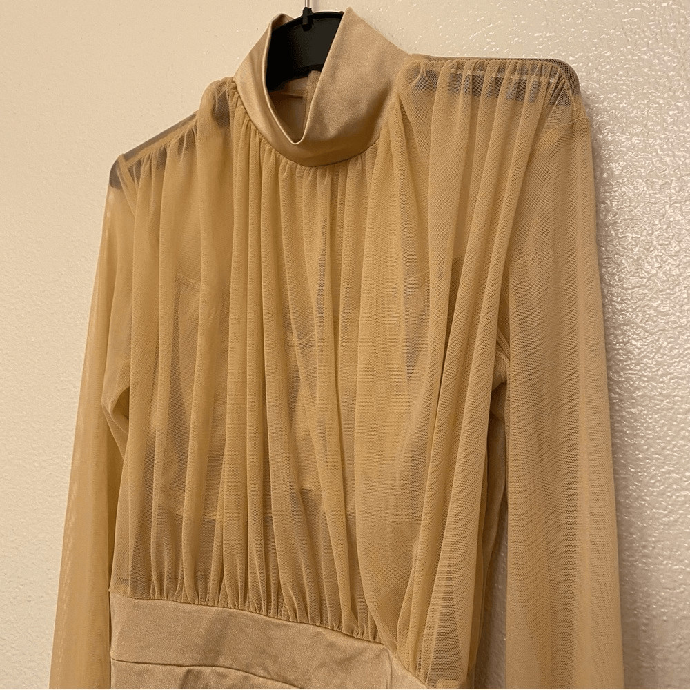 Kelle dance costume tan beige long sleeve mesh leotard 105275 MA-Medium adult