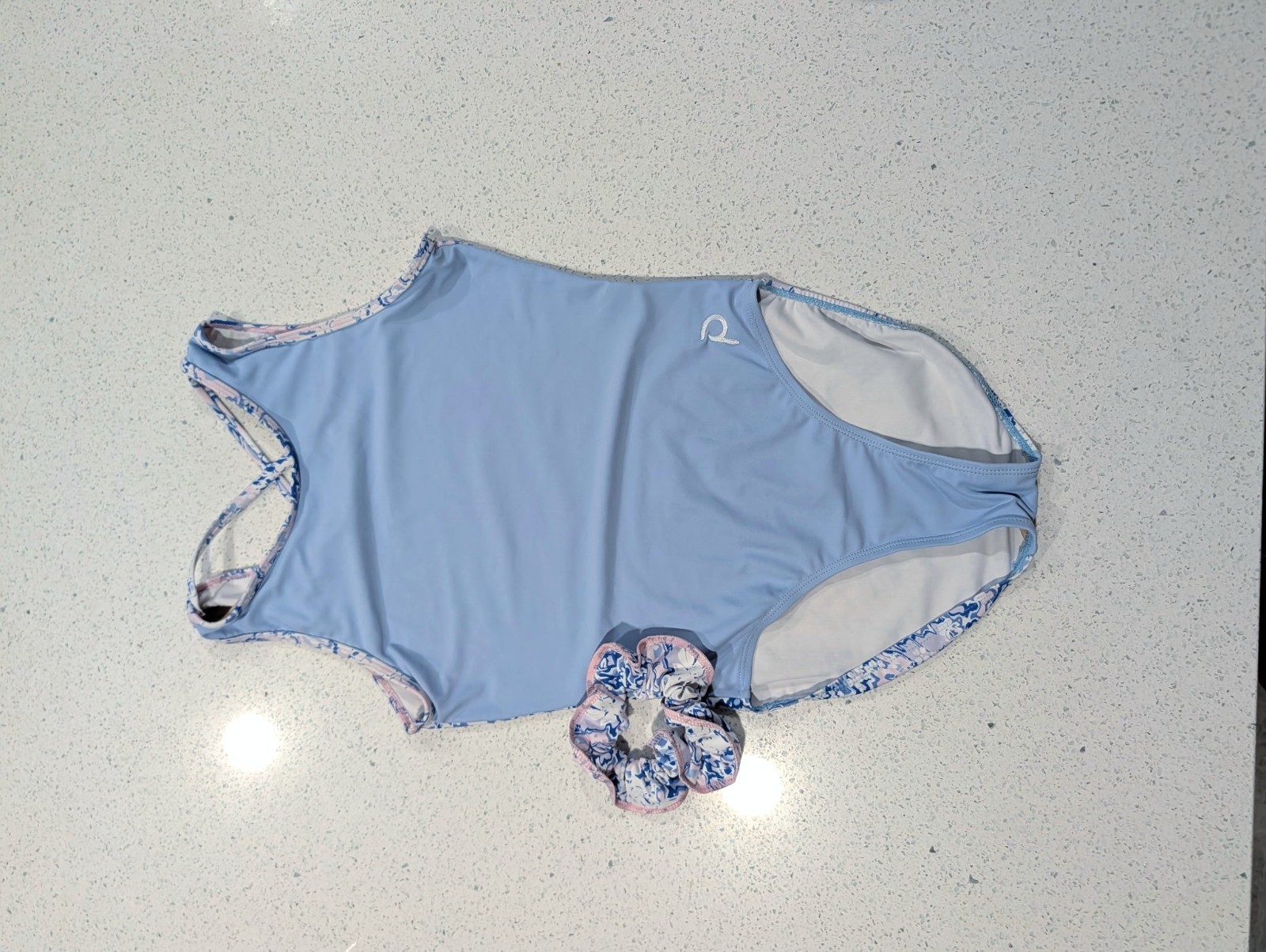 Plum Gymnastics Dance Leotard AM Medium FlipSide BABY BLUE Floral + SCRUNCHIE