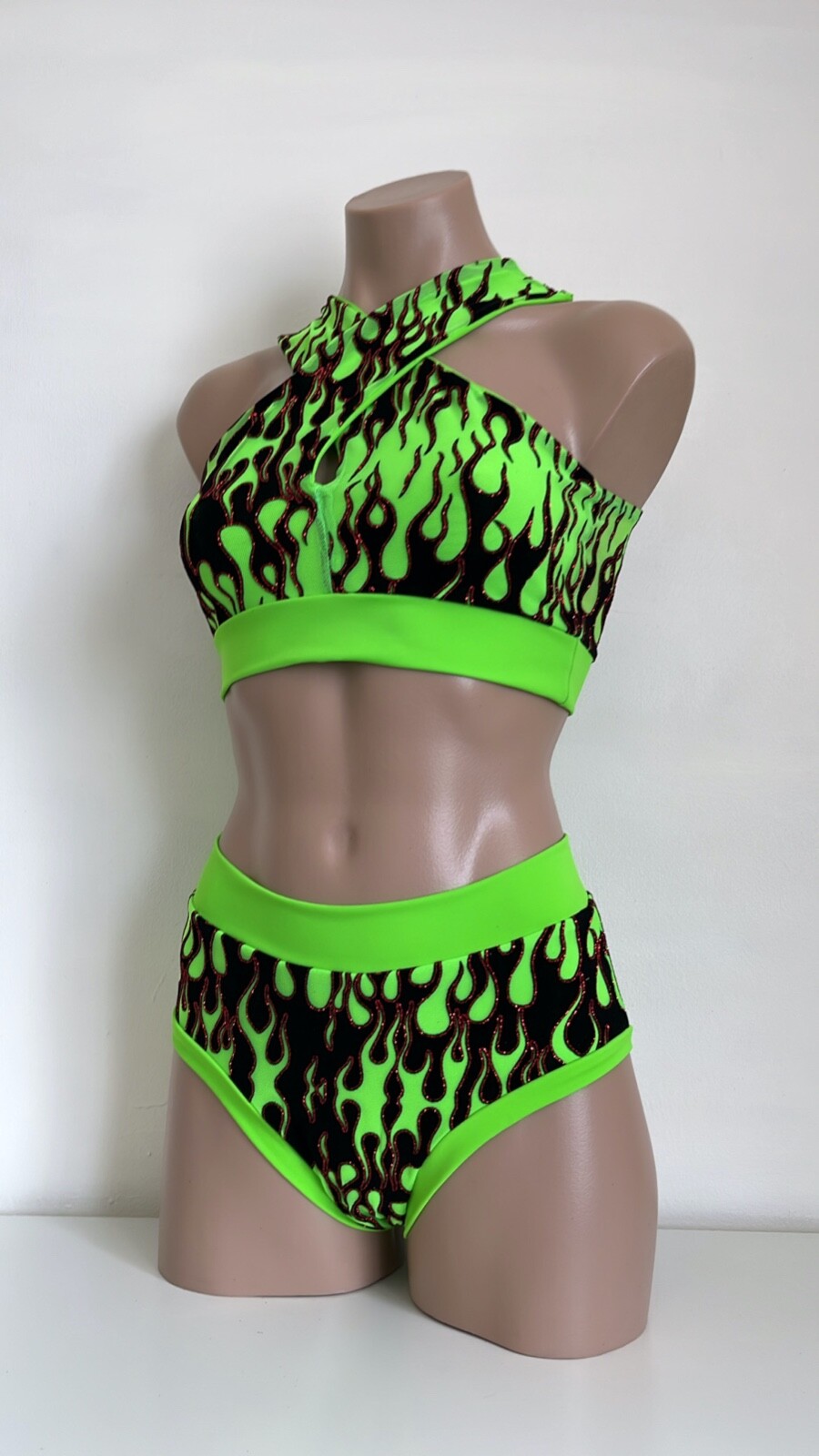 Schminke 🔥 Flames fire pole dance wear mesh UV ethereal neon crop top & bottoms