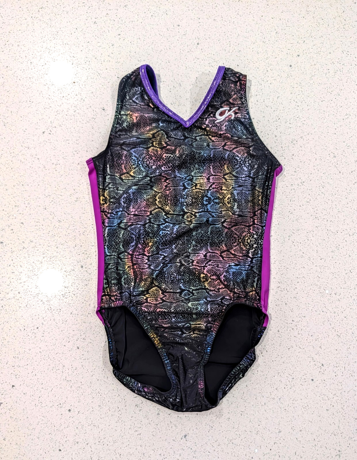 GK Elite AS Small Gymnastics Dance Leotard RAINBOW Reptile SNAKESKIN Holographic