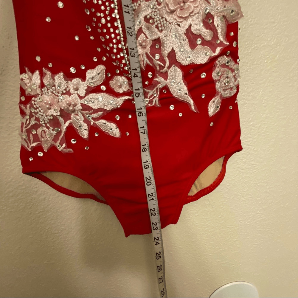 Ilogear Glamorous red custom solo dance costume leotard rhinestone mesh MA adult