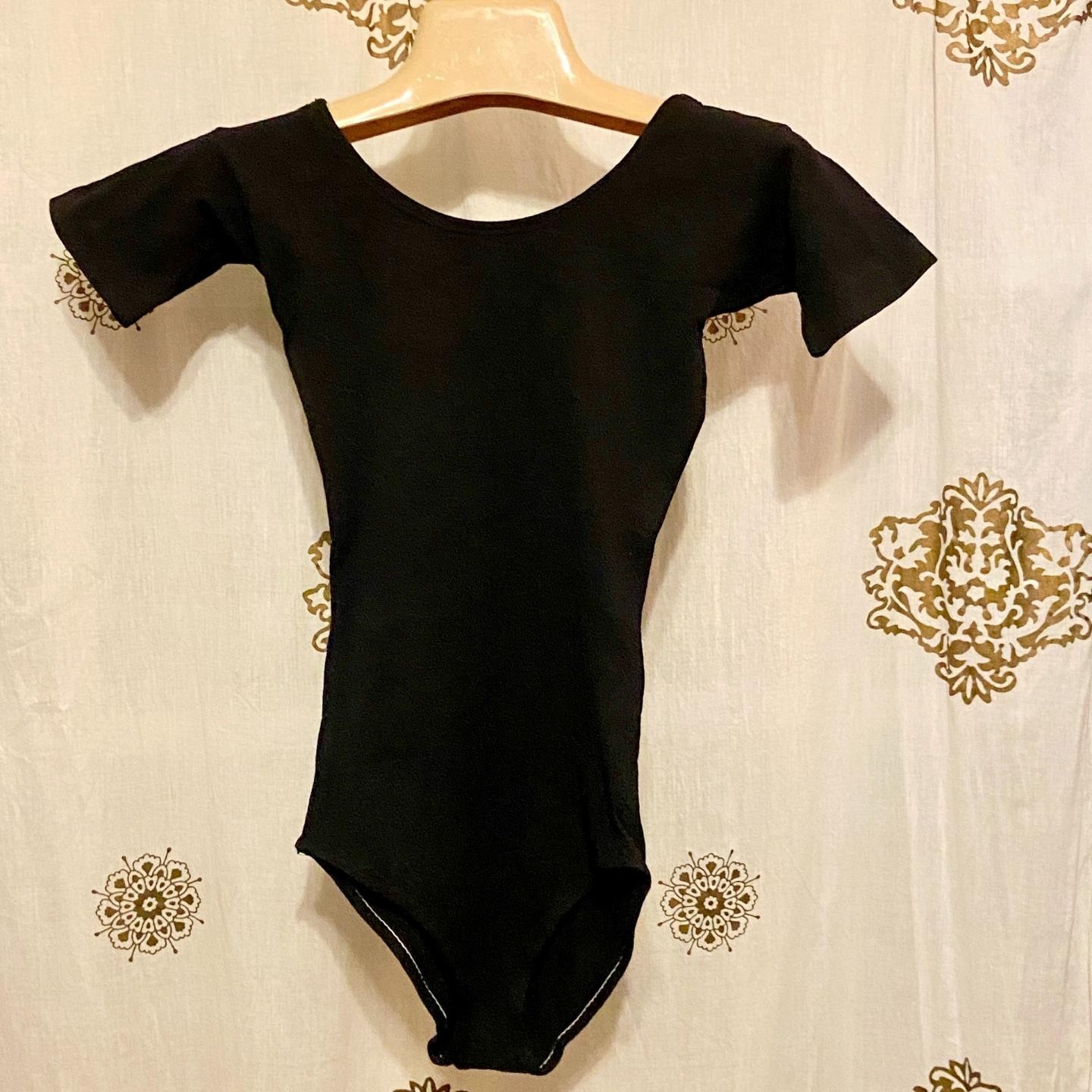 Vintage 70s SEARS Black Nylon Leotard Petite Scoop Neck Short Sleeve Ballet EUC