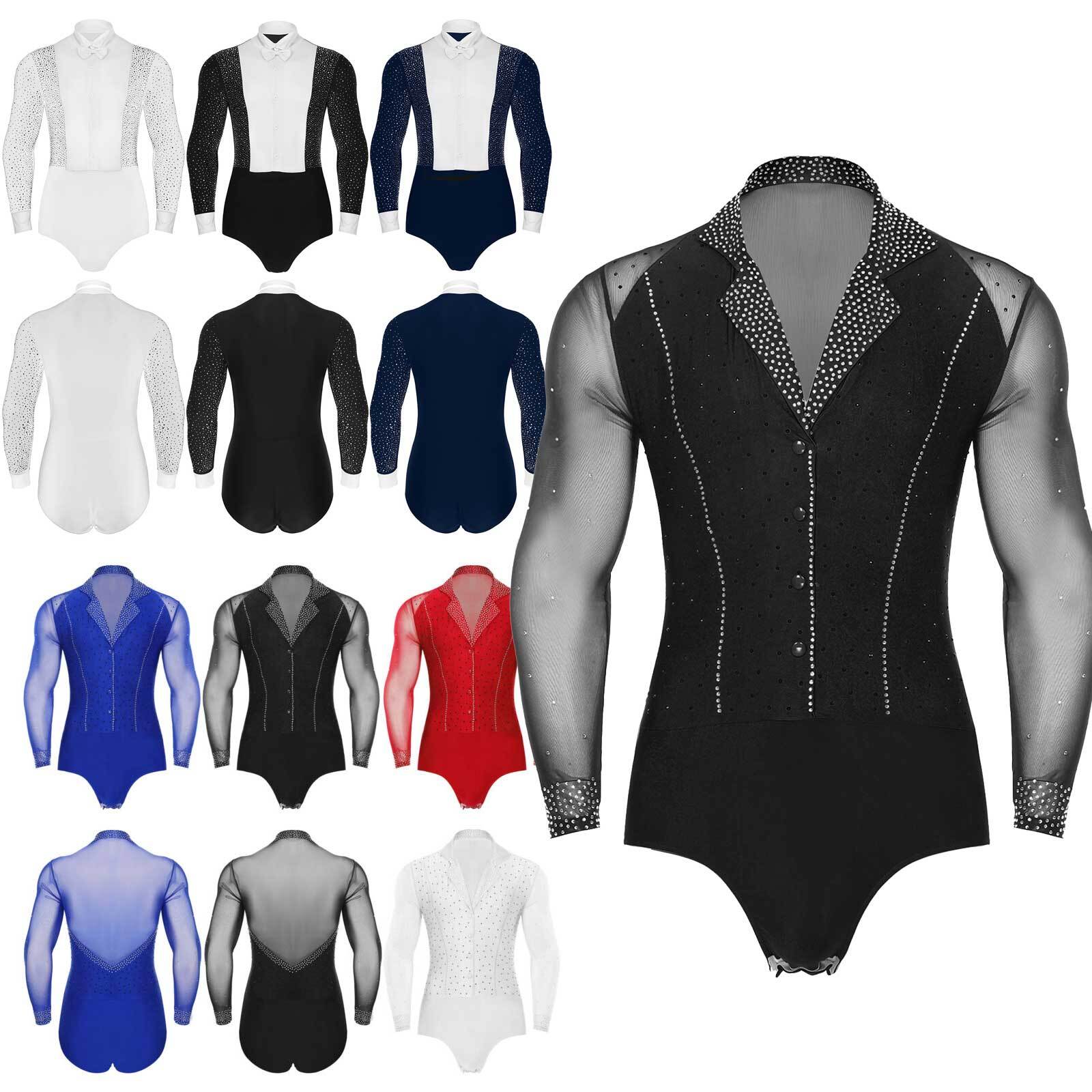 Men Shiny Latin Ballet Dance Shirt Leotard Long Sleeve Ballroom Samba Salsa Top