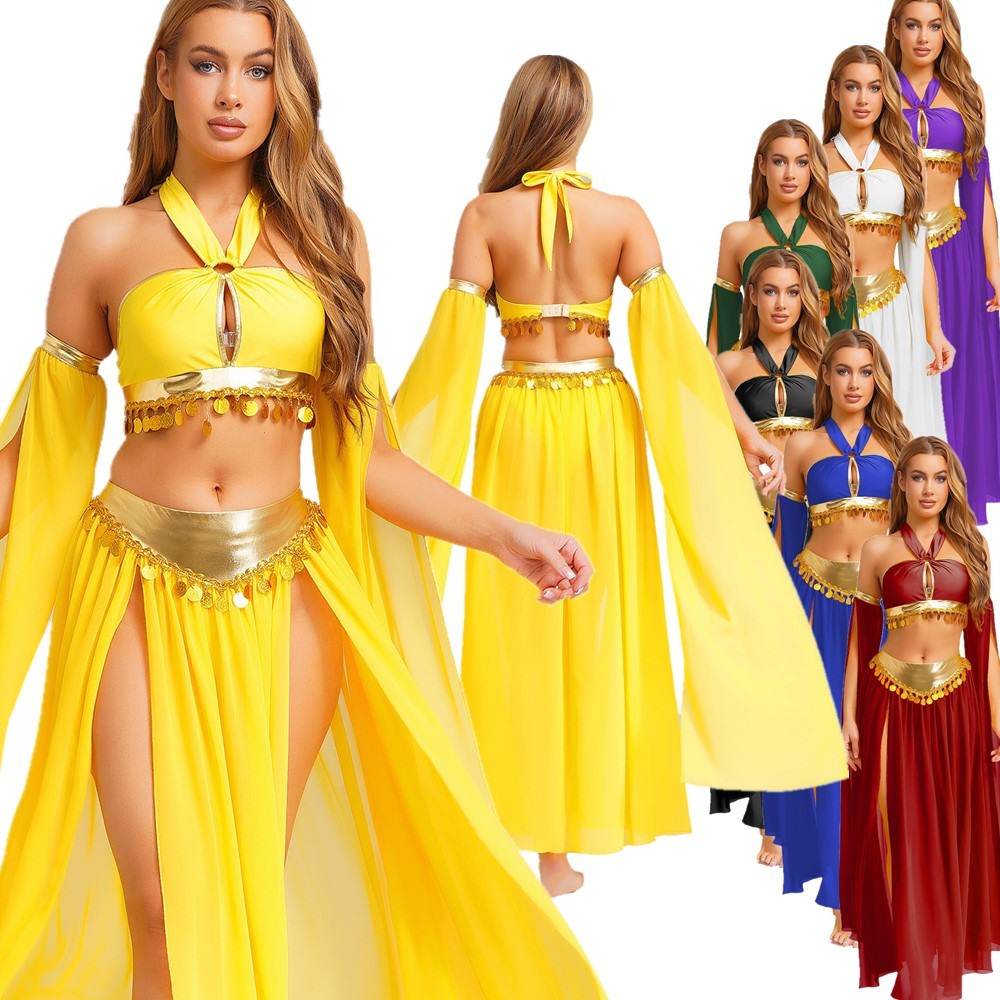 Womens Belly Dance Costume Set Sequins Hem Halter Tank Top Modern Dance Parties