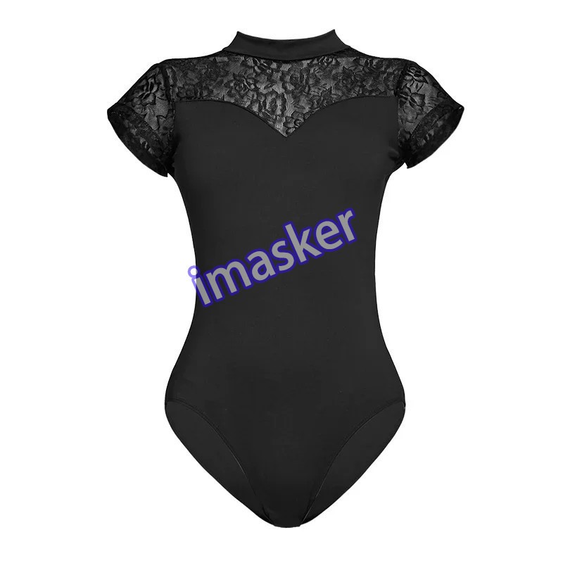 Women Ballet Adult Lace Splice Gymnastic Leotard Short Sleeve Dance Leotards