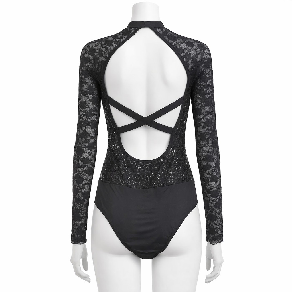Weissman Black Lace/Sequin Dance Leotard Adult MA Open Back Performance Costume