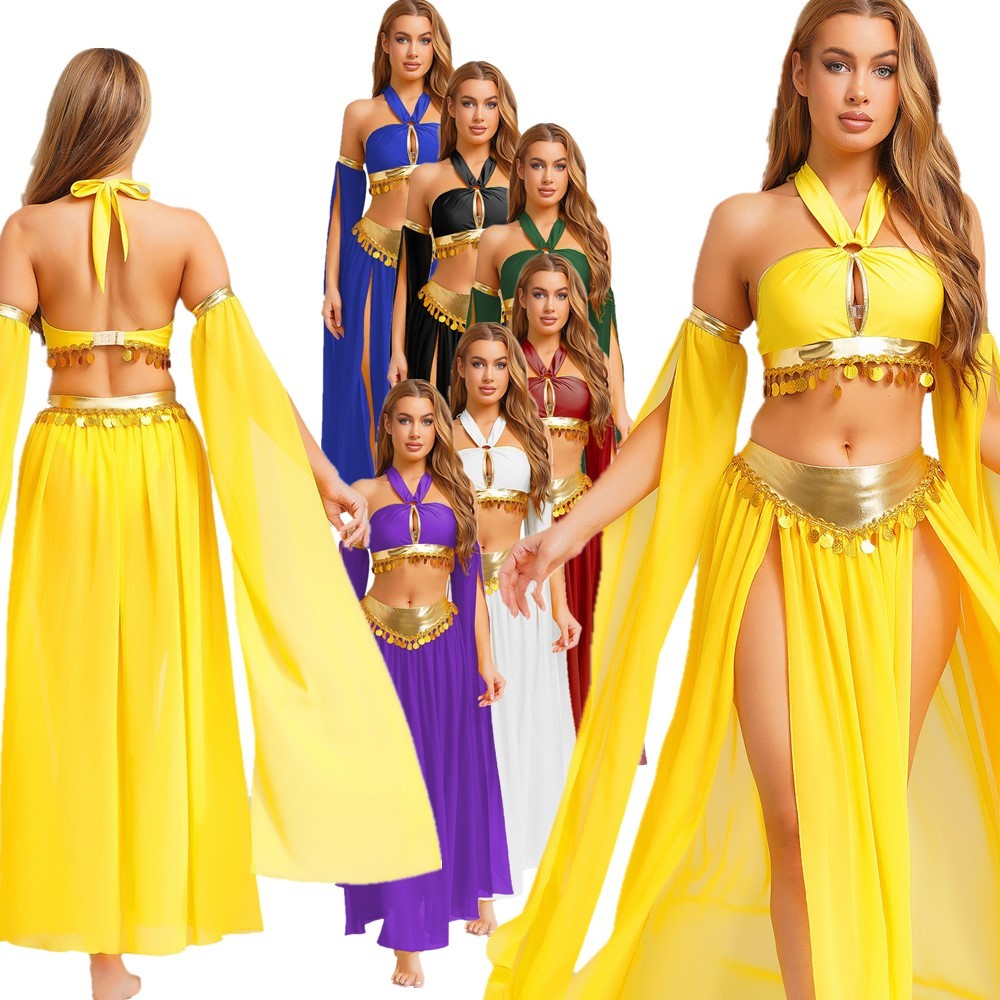 Womens Belly Dance Costume Set Sequins Hem Halter Tank Top Modern Dance Parties