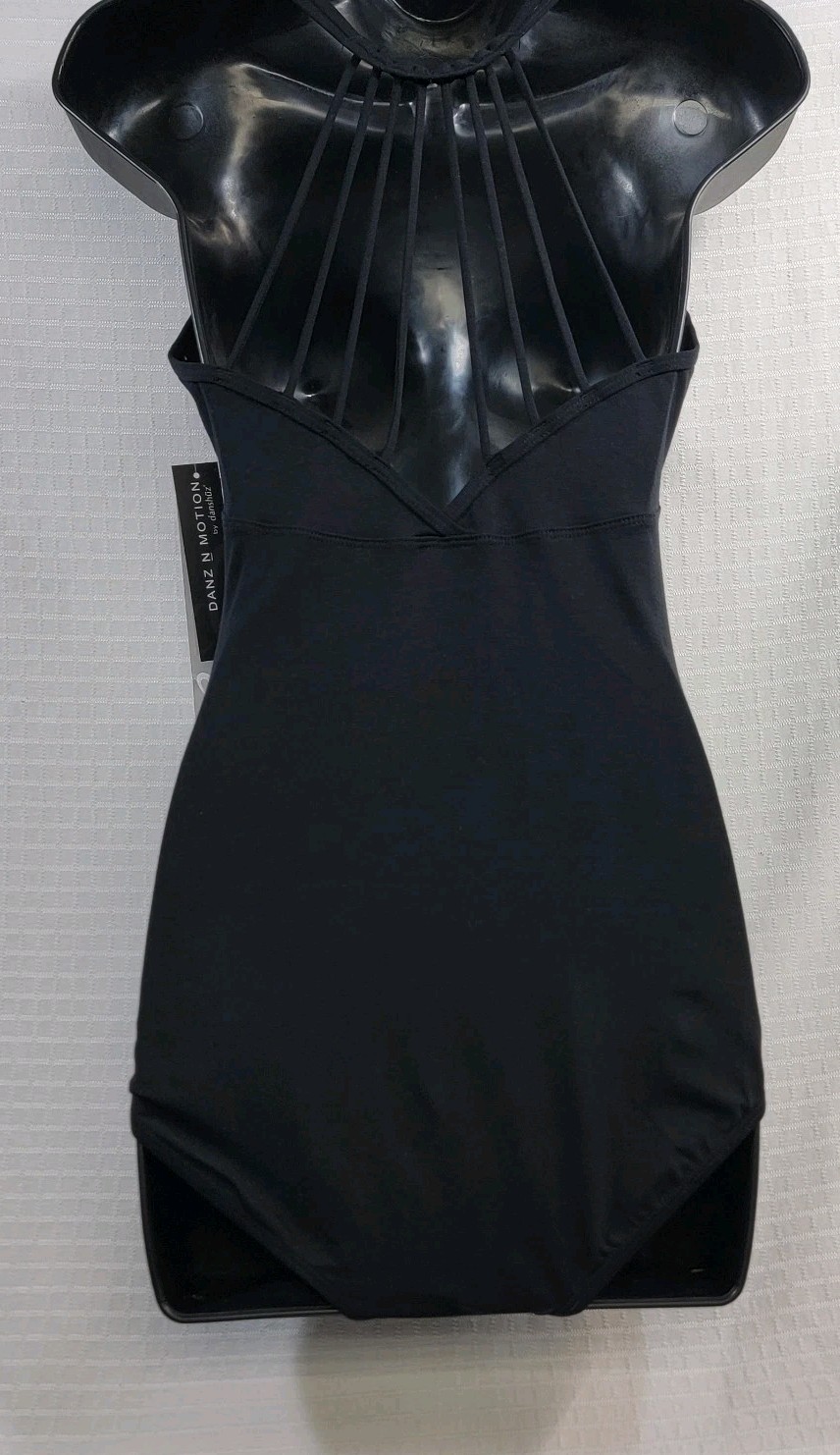 DanzNMotion Black Leotard Scoop Neck Empire Seam Open Back Vertical Straps SZ LA