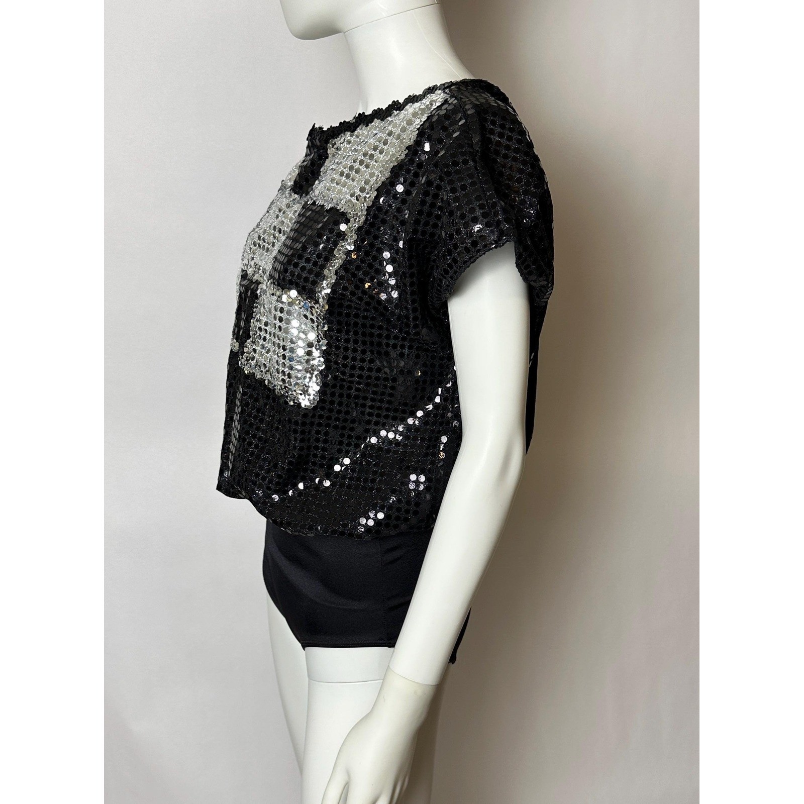Vintage 80s women’s Dance costume leotard bodysuit Silver Black Squares XL
