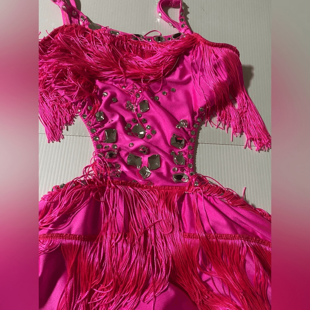 Pumpers solo Custom hot pink fringe dance costume jazz SA-Small adult