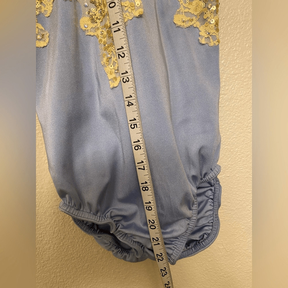 Kelle dance solo costume light powder blue gold leotard drape back LC child