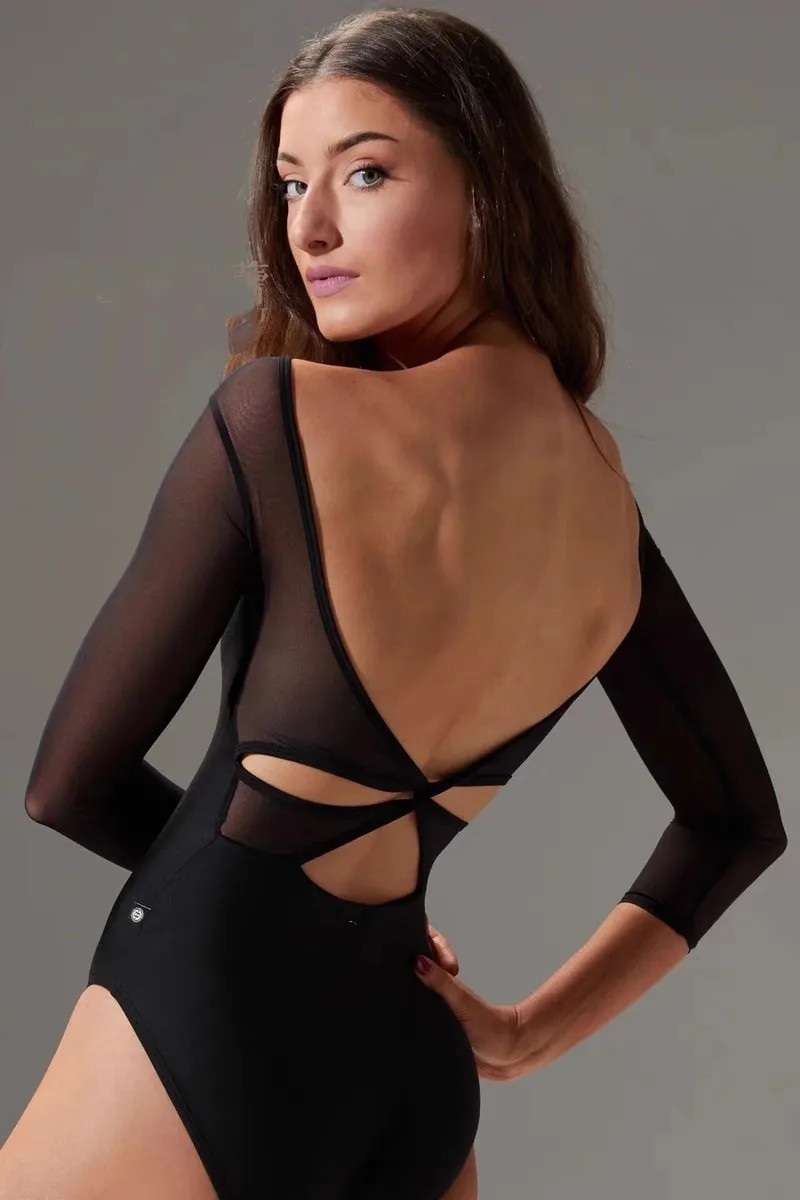 Black Gymnastics Leotards Long Sleeve Patchwork Mesh Bodysuits Adult Costumes