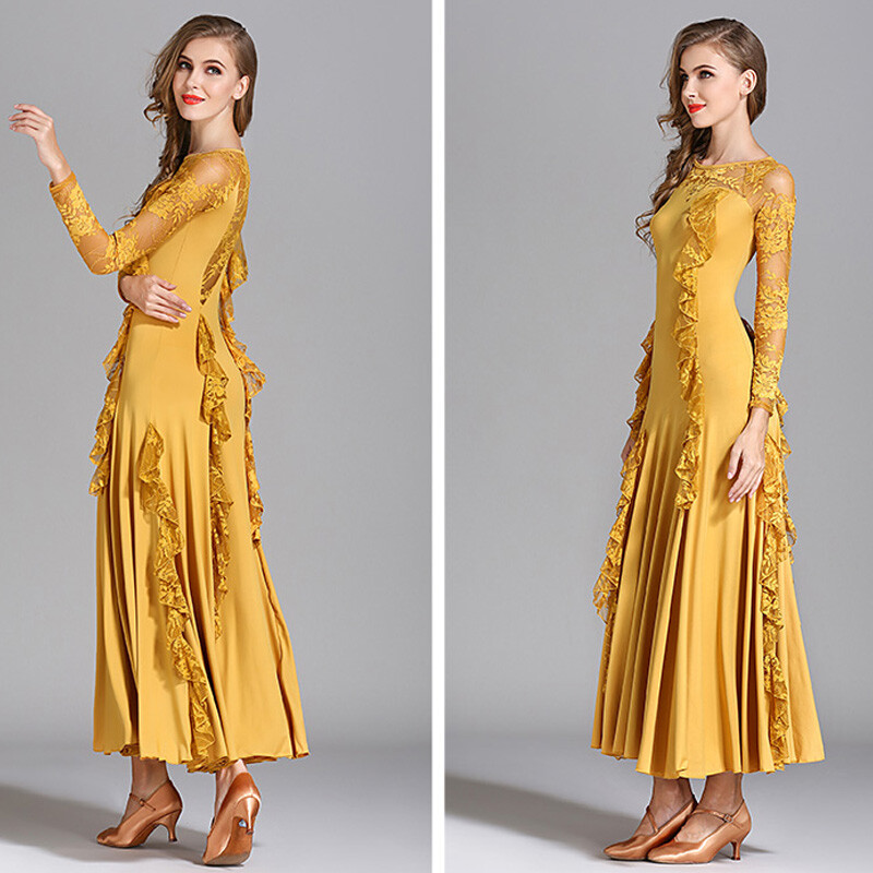 Women Long Sleeve Swing Dance Dress Modern Waltz Professional Ballroom Dancewear