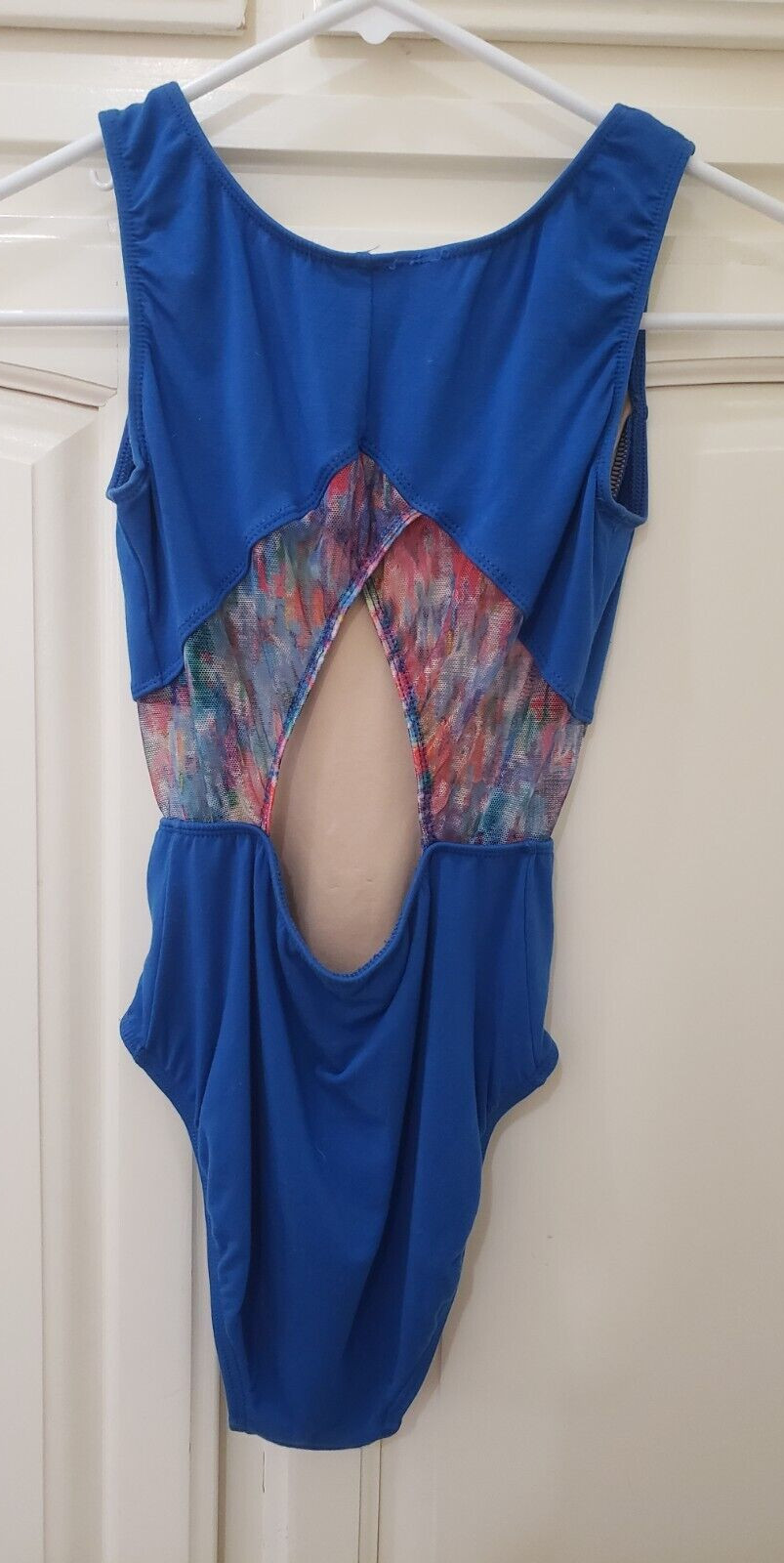 Blue Dance Leotard with Printed Chiffon Cutouts – Women’s Medium