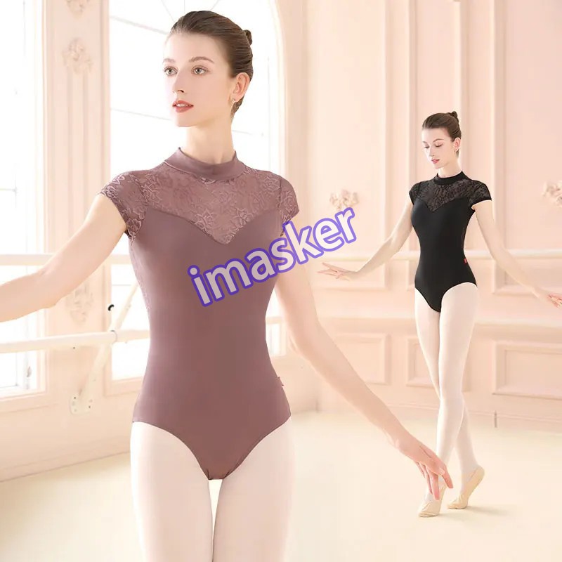 Women Ballet Adult Lace Splice Gymnastic Leotard Short Sleeve Dance Leotards