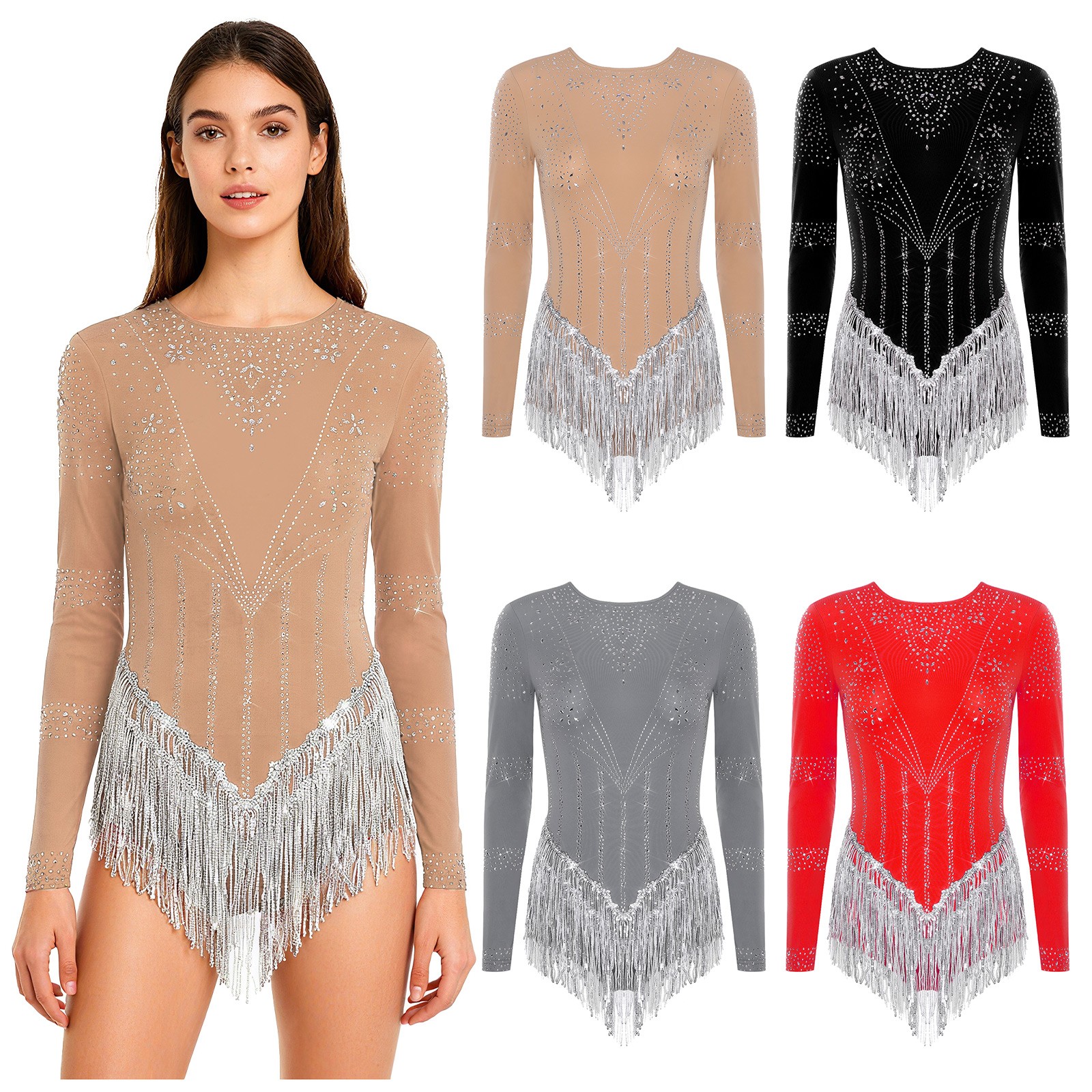 Women Unitard Gymnastics Jumpsuit Yoga Leotard Sport Shiny Tassel Salsa Party