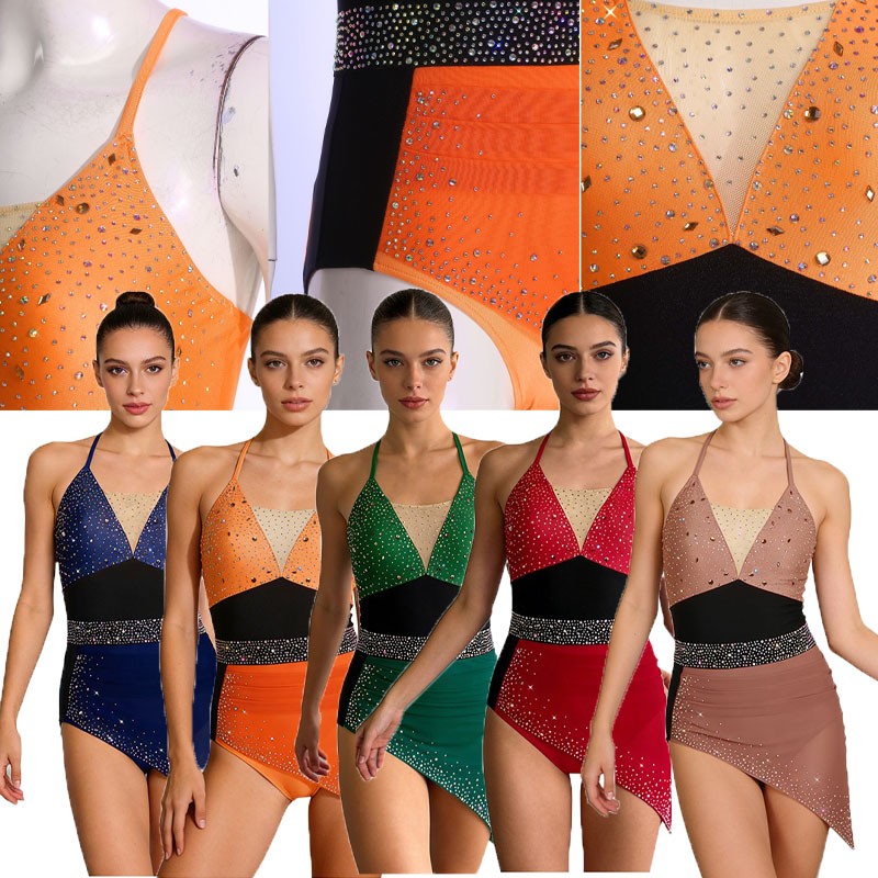 Womens Leotard Mesh Bodysuit Color Block Jumpsuit Contemporary Dancwear Modern