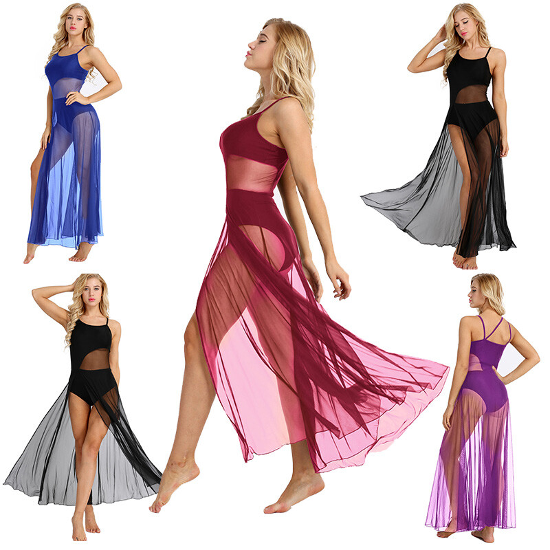 Women Ladies Camisole Lyrical Ballet Dance Dress Leotard Costume with Mesh Panel