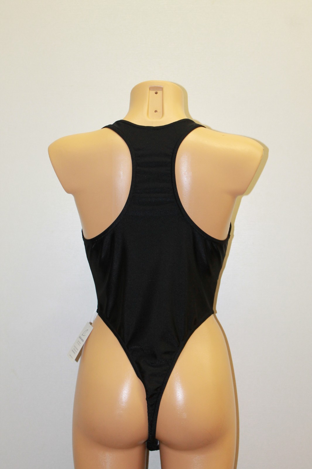 Women Thong One-piece Leotard 202-17 Racerback Open Chest Black Spandex Size M