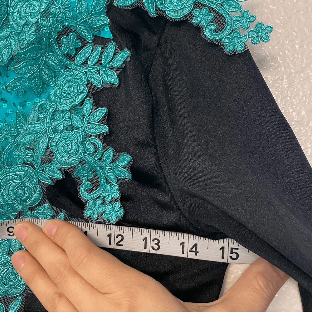 WEISSMAN Dance Costume biketard aqua lace applique Hallowed Ground 11084 MA