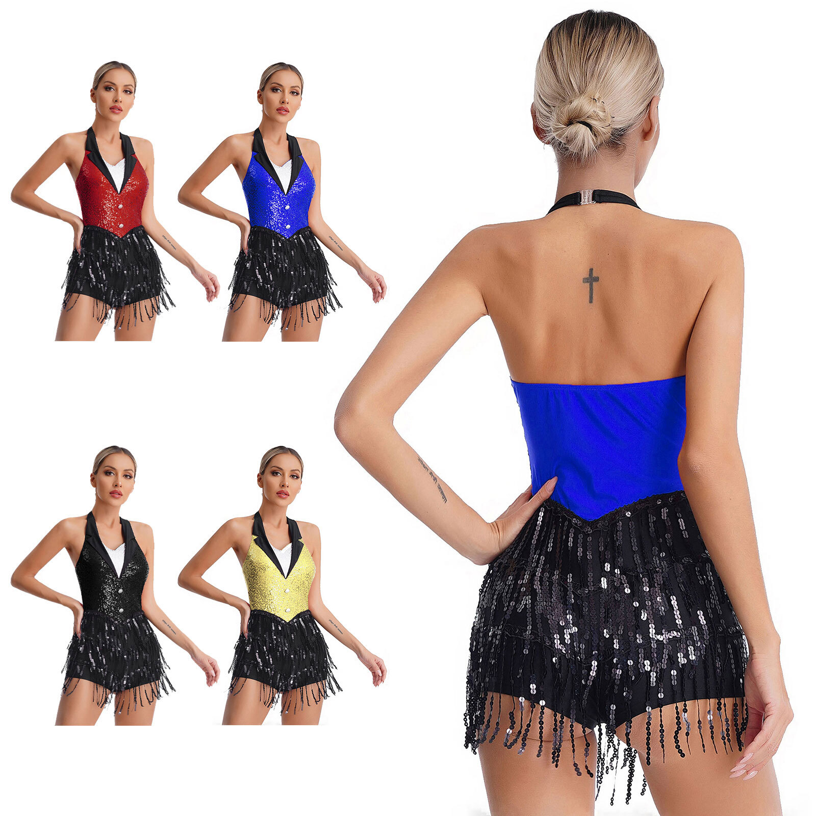Womens Leotard Cha-Cha Dancewear Sequins Jumpsuits Samba Dress Salsa Unitards