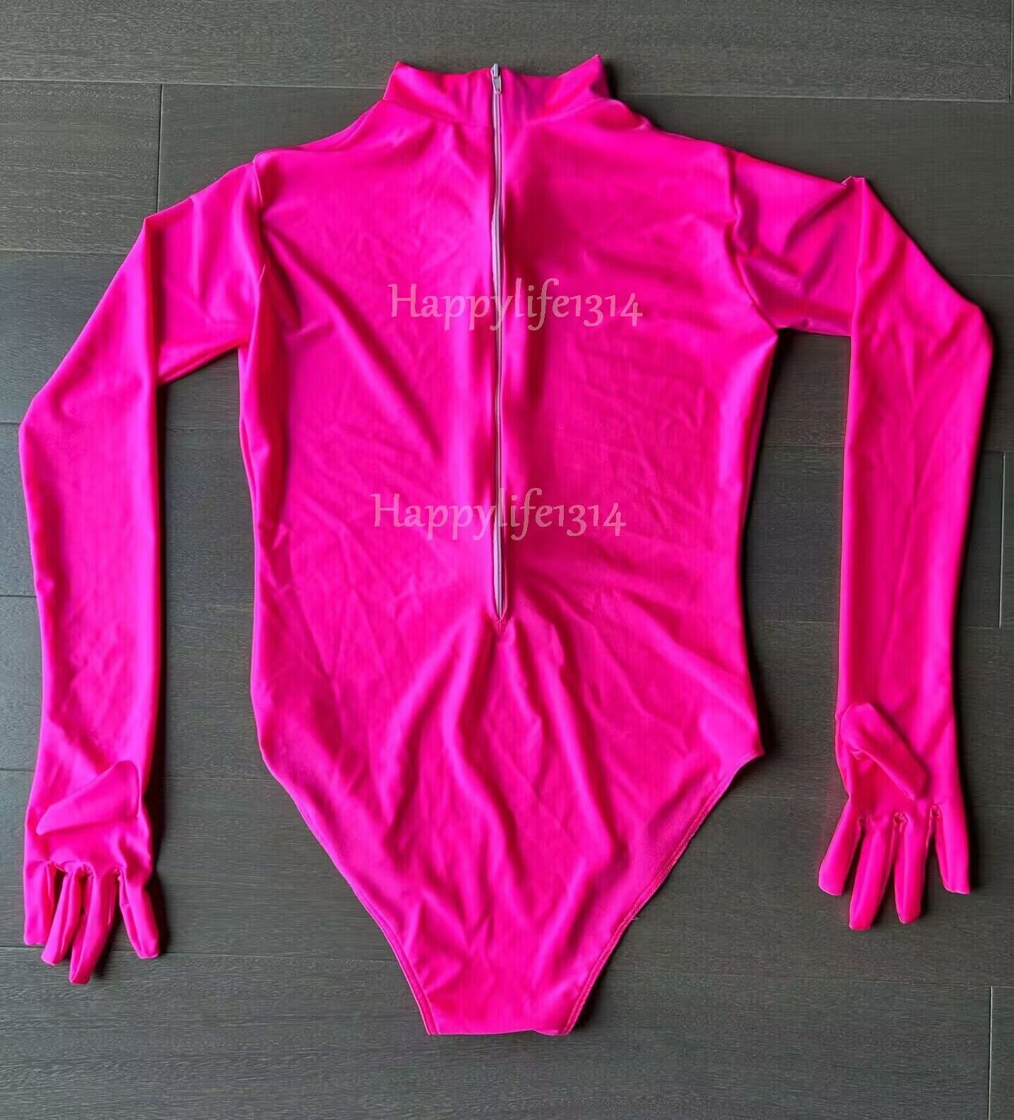Turtle Neck Hot Fuchsia Zentai Swimsuit Long Sleeve Gymnastics Leotard Unitard