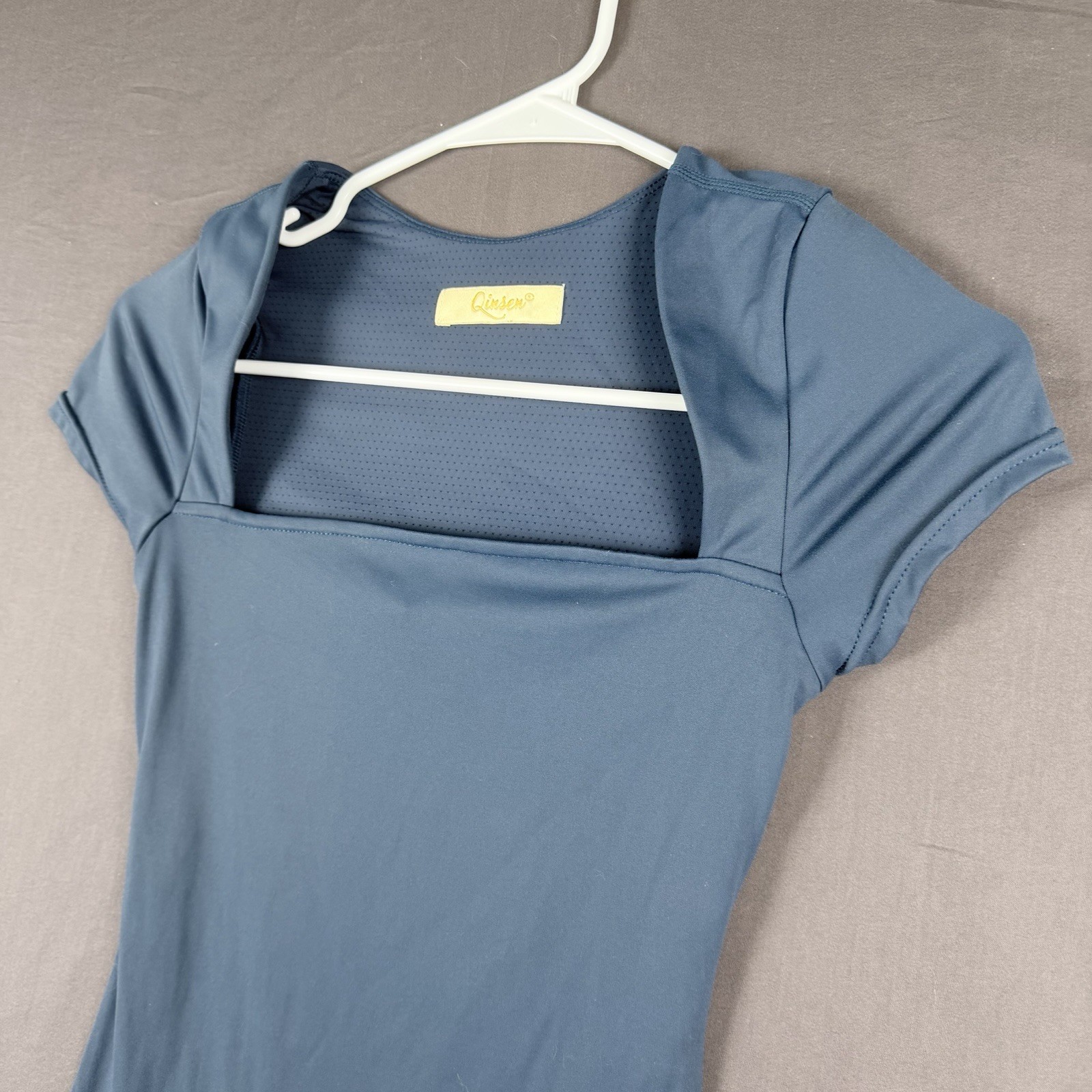 Qinsen Women’s Blue Short Sleeve Unitard Leotard, Solid Mesh, Nylon/Spandex
