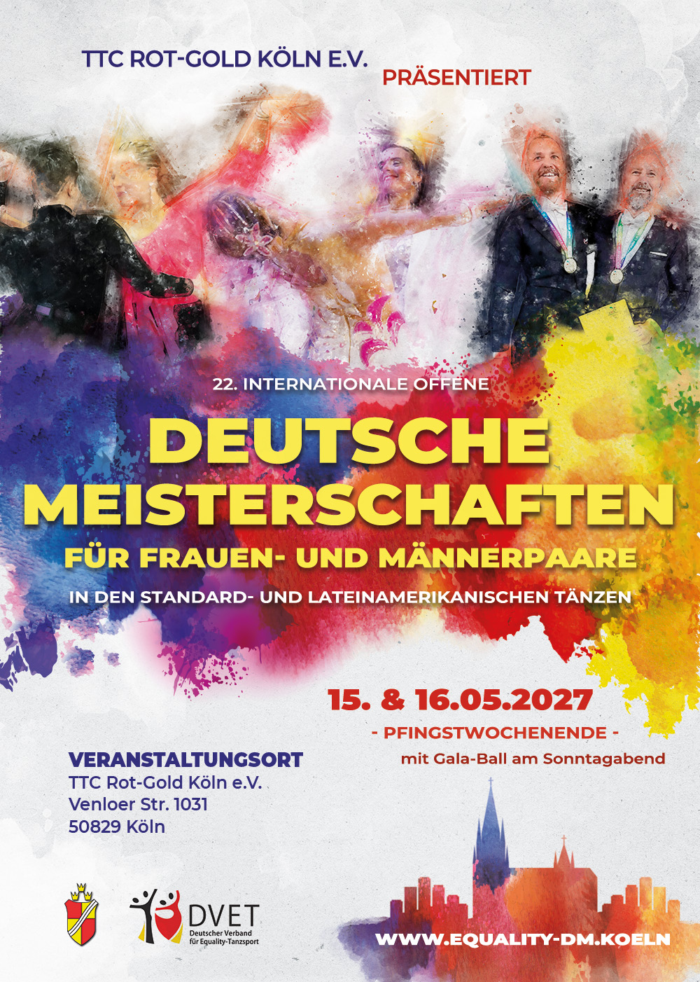 Flyer: Internationalen offenen Deutsche Meister*innenschaften für Frauen- und Männerpaare in den Standard- und Lateinamerikanischen Tänzen