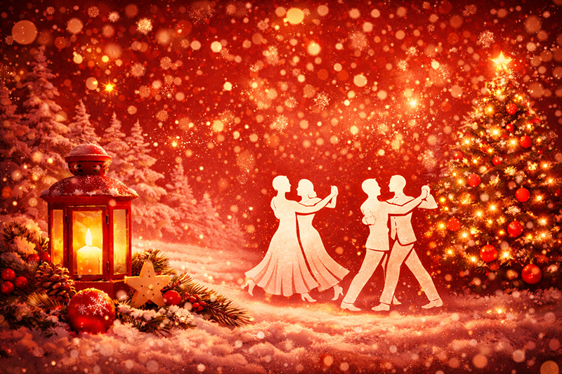 Weihnachtsbild mit 2 Equality-Tanzpaaren auf einer Schneelandschaft und Weihnachtsbaum und einer Kerze in einem Windlicht
